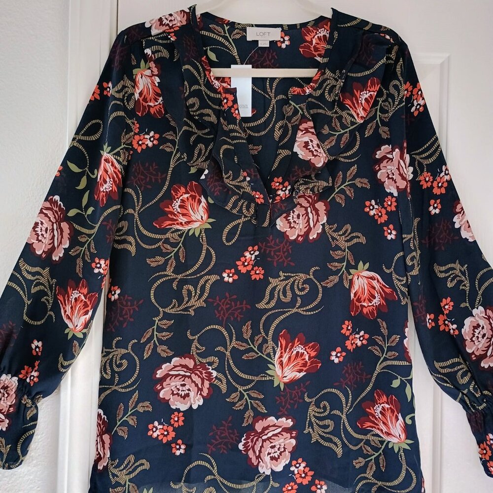 BNWT LOFT NAVY BURGUNDY SAGE GREEN FLORAL LONG SLEEVE BLOUSE SIZE MEDIUM